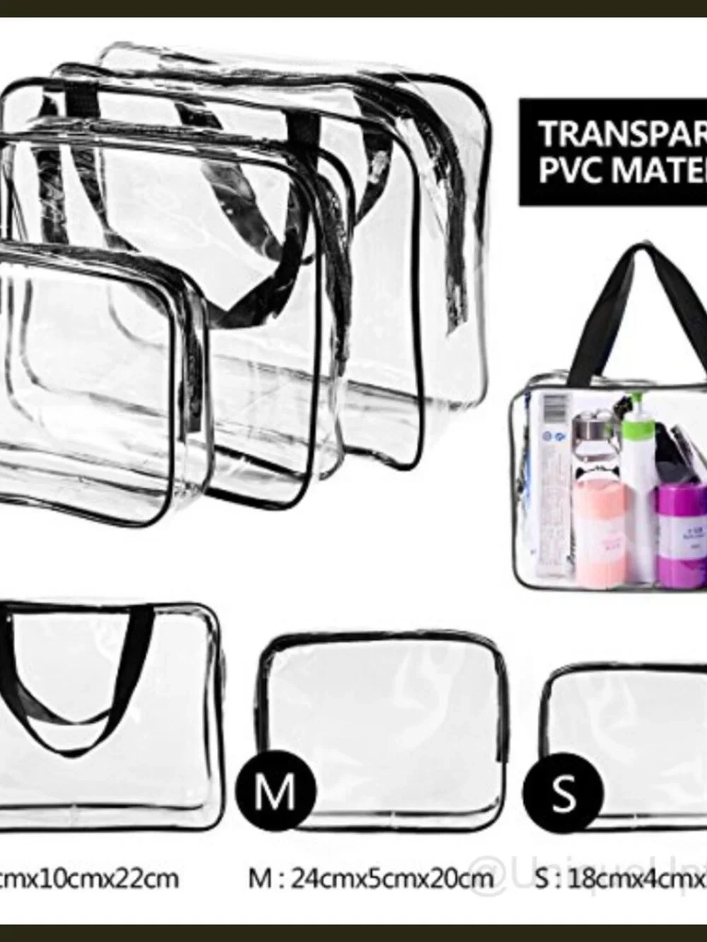 3Pc Transparent PVC Travel Toiletry Bag Set Cosmetic Makeup Organizer
